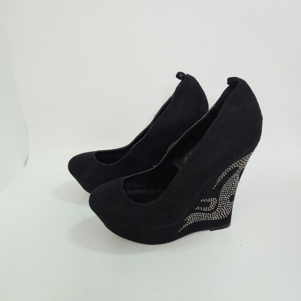 Just Fab Black Rhinestone Platform Wedge High Heel Shoes Size 9